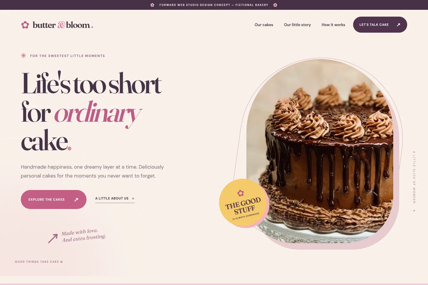 Full homepage design for Butter and Bloom bakery, with whimsical blush colours and cake photography