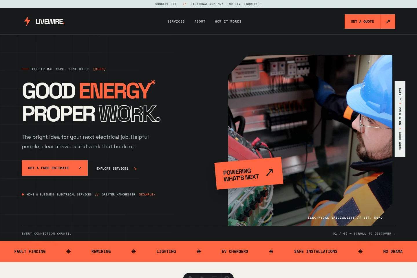 Full homepage design for LIVEWIRE electrical, with charcoal and orange styling